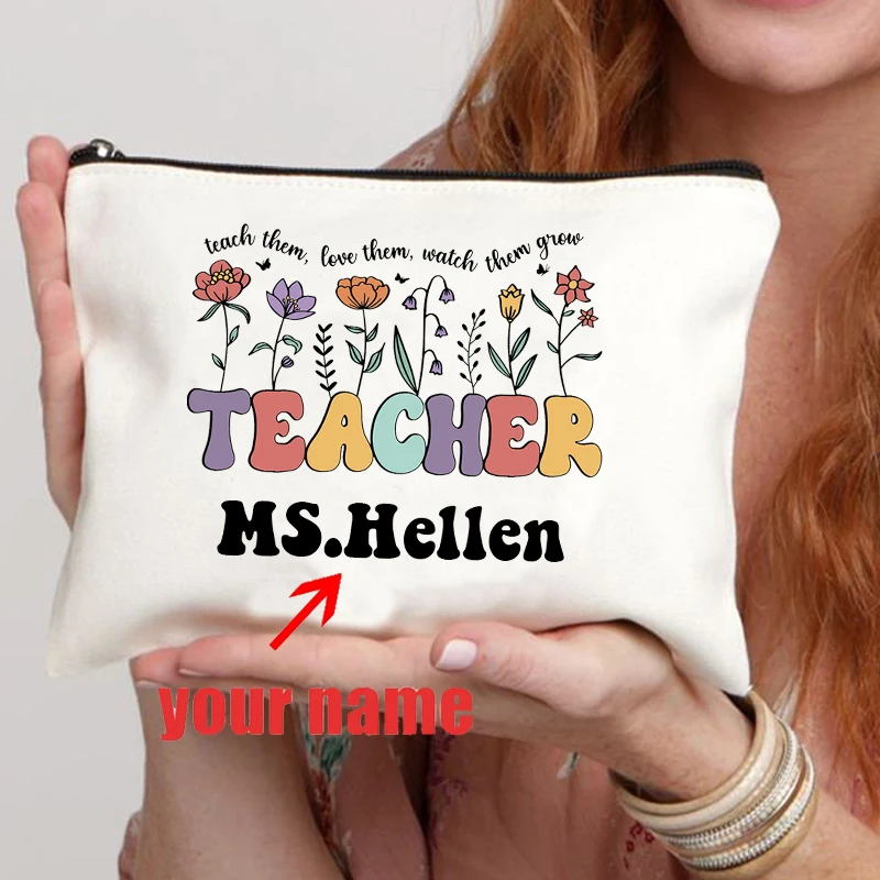 

Teacher Personalized Canvas Cosmetic Bag Customized Name Travel Zipper Pouch Perfume Lipstick Storage Makeup Bags Teachers Gift