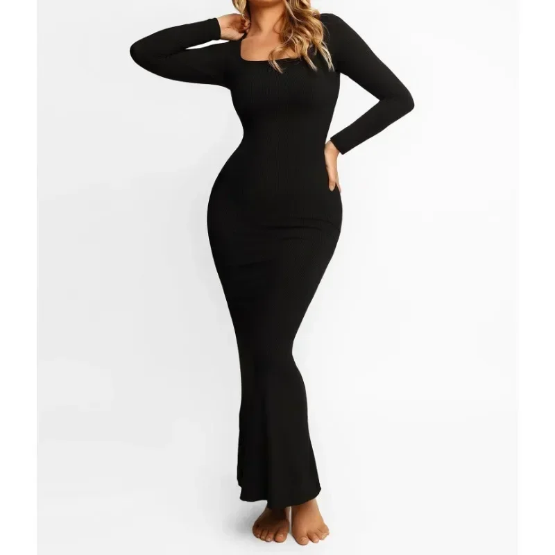 Shapewear Dress Bodycon Maxi Built in Shaper 8 in 1 Women Lounge Long Sleeve Dresses