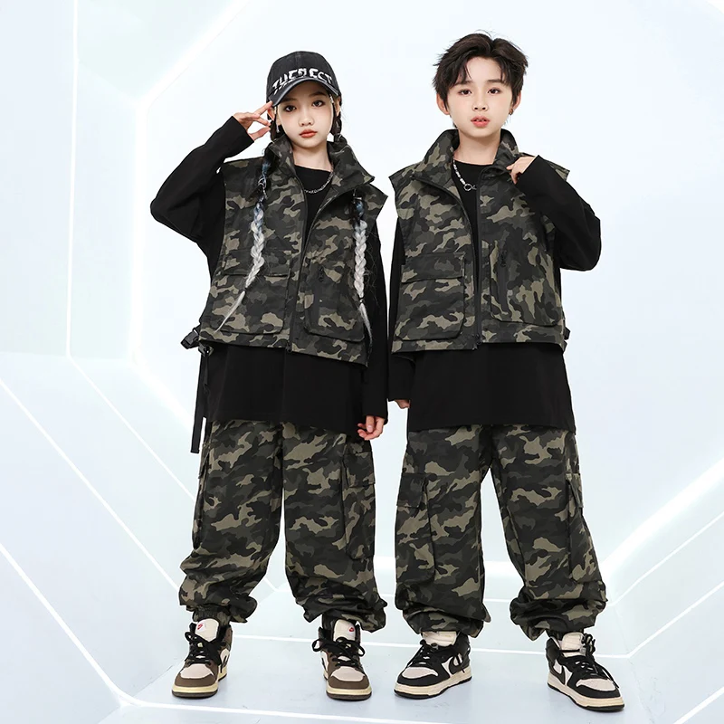 

Teen Boys Hip Hop Clothes Camouflage Vest Pants Fashion Stage Performance Costume Girls Jazz Dance Outfits Stage Sets BL14839