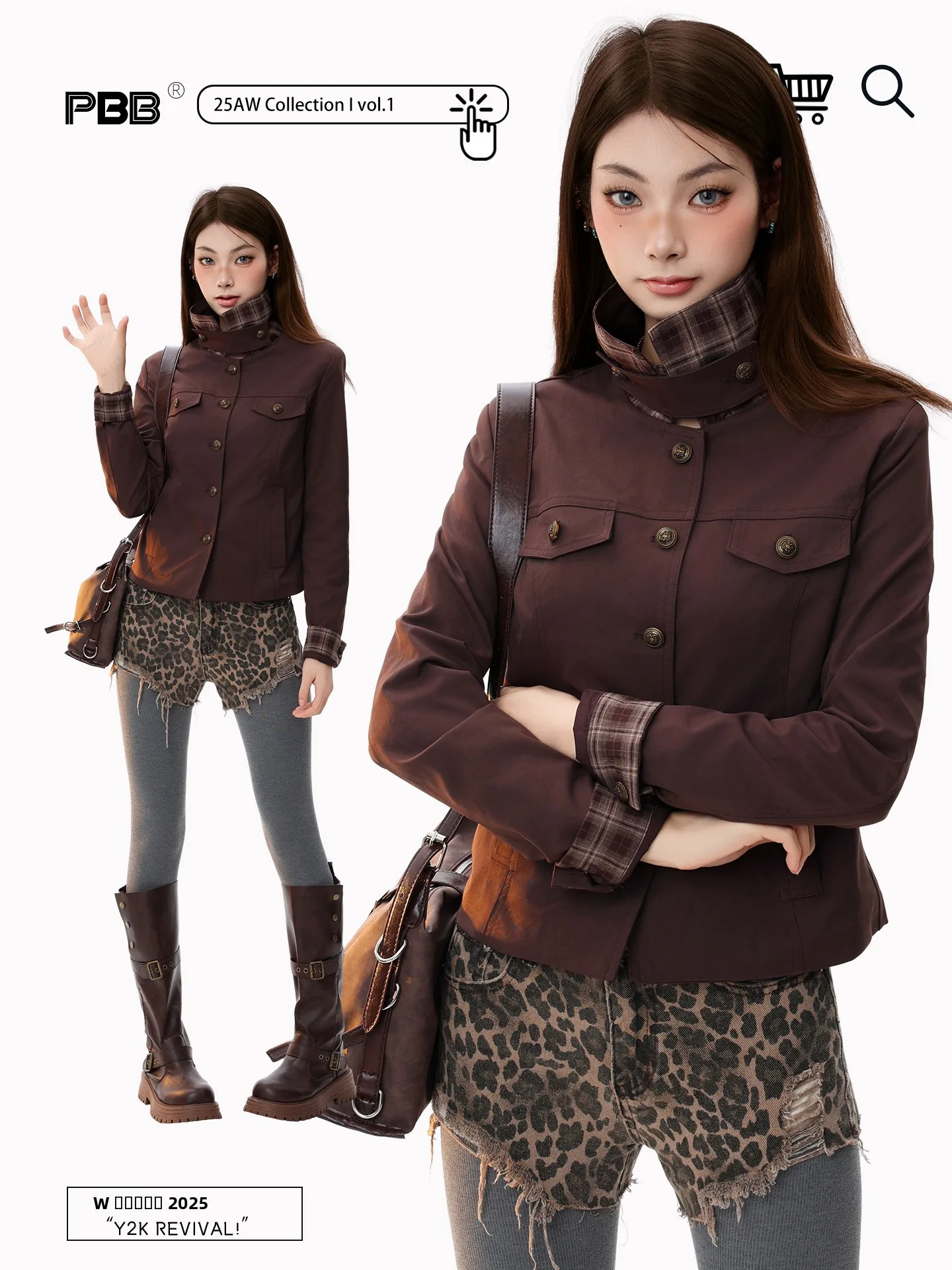 

PBB Spicy Girl Patchwork Waist Cinched ort Jaet Women's Autumn Winter Street Sle Floral Embroidery Straight Tube Coat