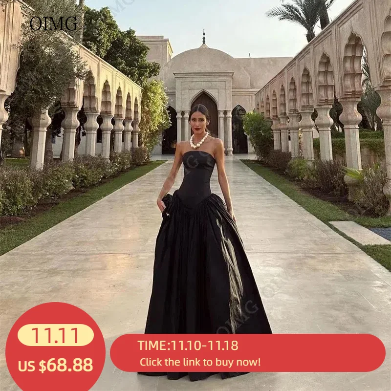 Oimg elegante preto tafetá vestidos de noite longos sem alças formal vestido de baile arábia dubai celebrar vestidos de festa personalizados