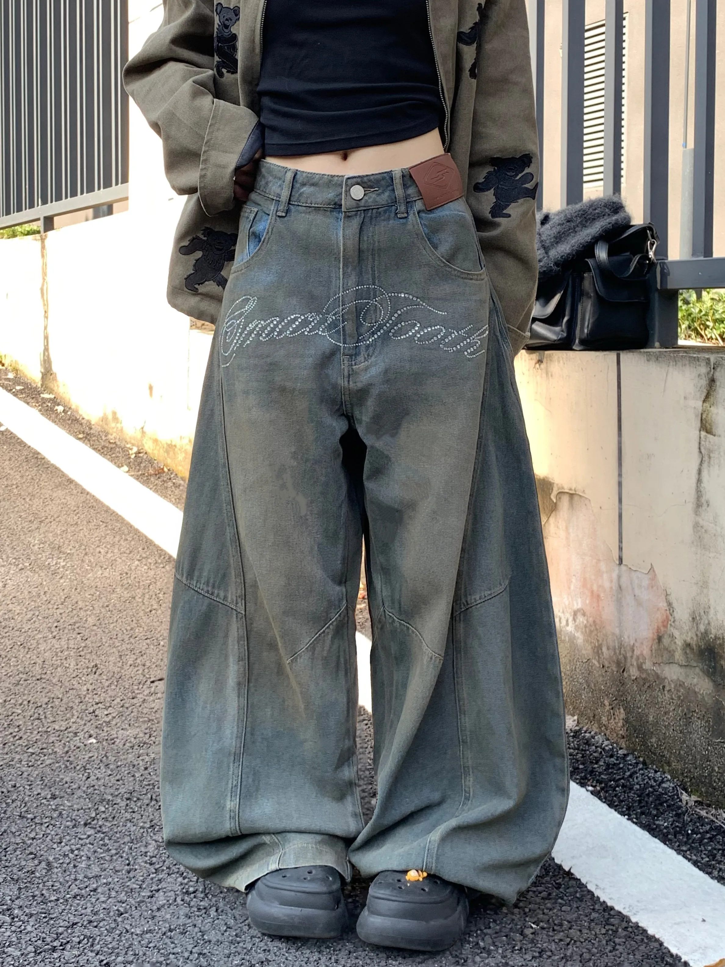 

Retro Washed American High Street Cleanfit Loose Straight Leg Wide Leg Floor Length Jeans for Men And Women Trendy
