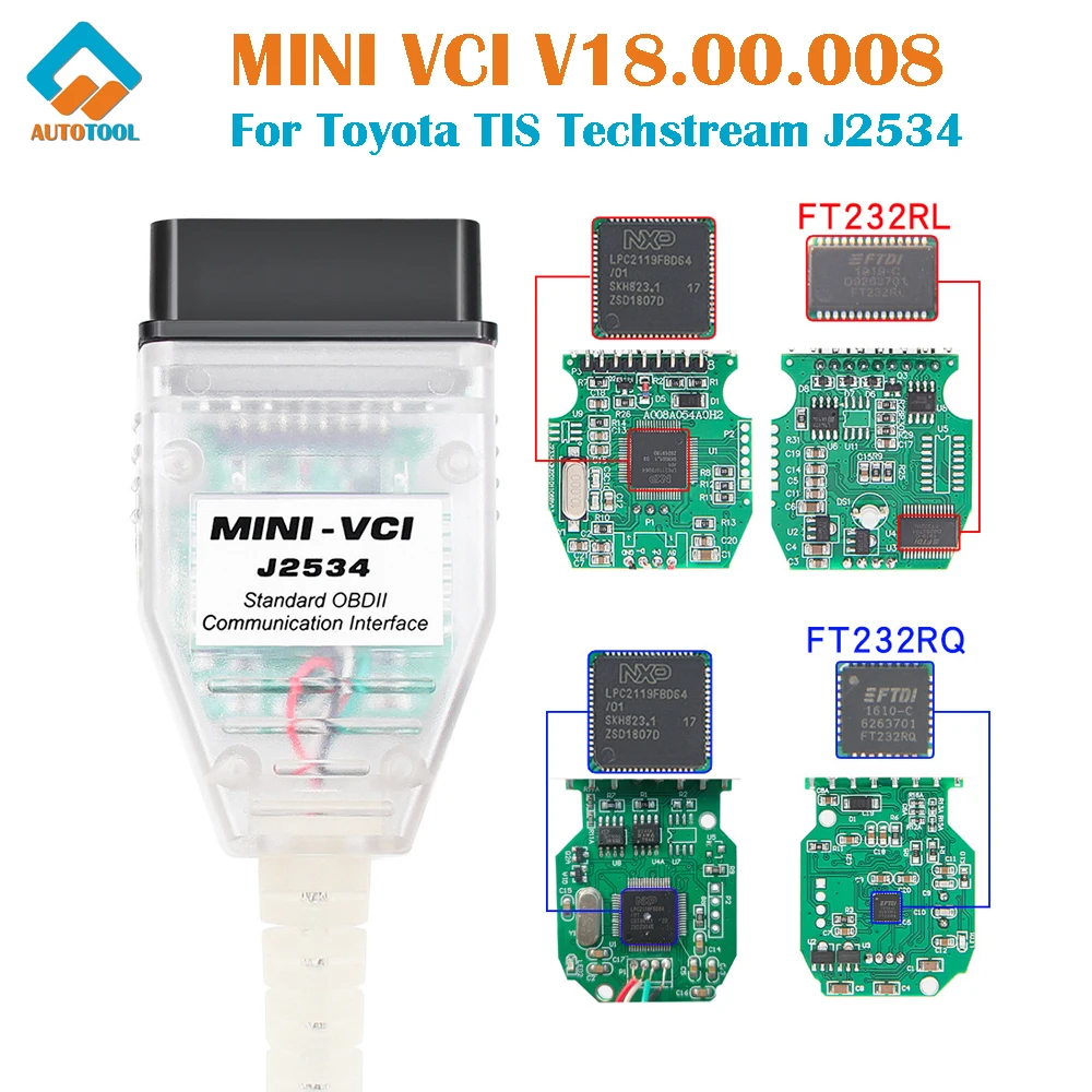 MINI VCI V18.00.008 FT232RL RQ Interface For Toyota TIS Techstream J2534 OBD2 OBDII Car Diagnostic Tool Cable MINI-VCI V18