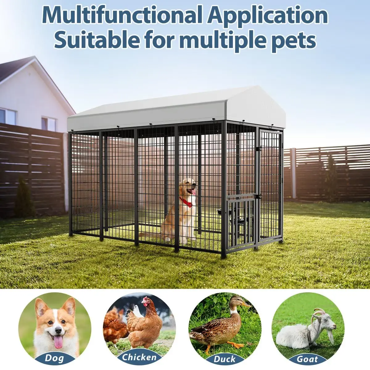 ROOC Heavy Duty Outdoor Dog Kennel with Rotating Bowls, 8 x 4 x 5.6-ft