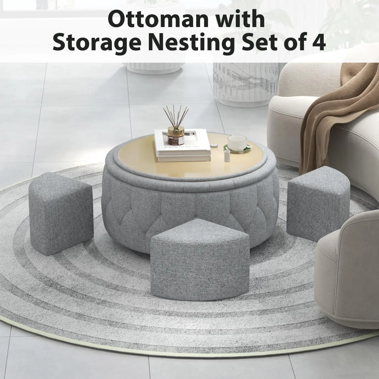 36" Wide Storage Ottoman Large with 4 Wheels,Tufted Round Rolling Ottoman with Removable Lid, Coffee Table Seat Inside