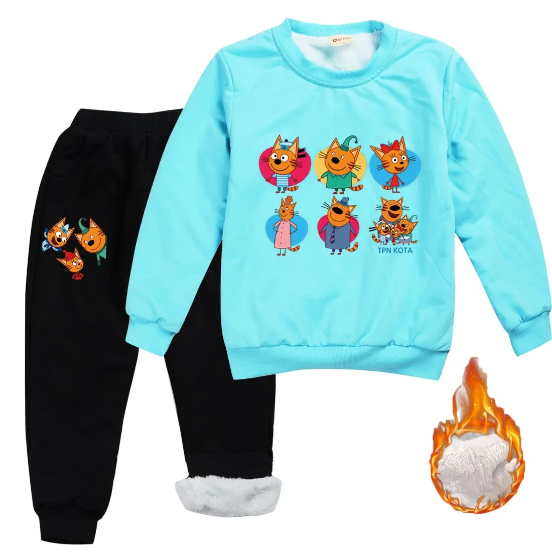 Kid-e-cats Russian Three Happy Cats TpnkoTa Clothes Kids Thick Keep Warm Clothing Set Girls Velvet Sweatshirts + Pants 2Pcs Sets