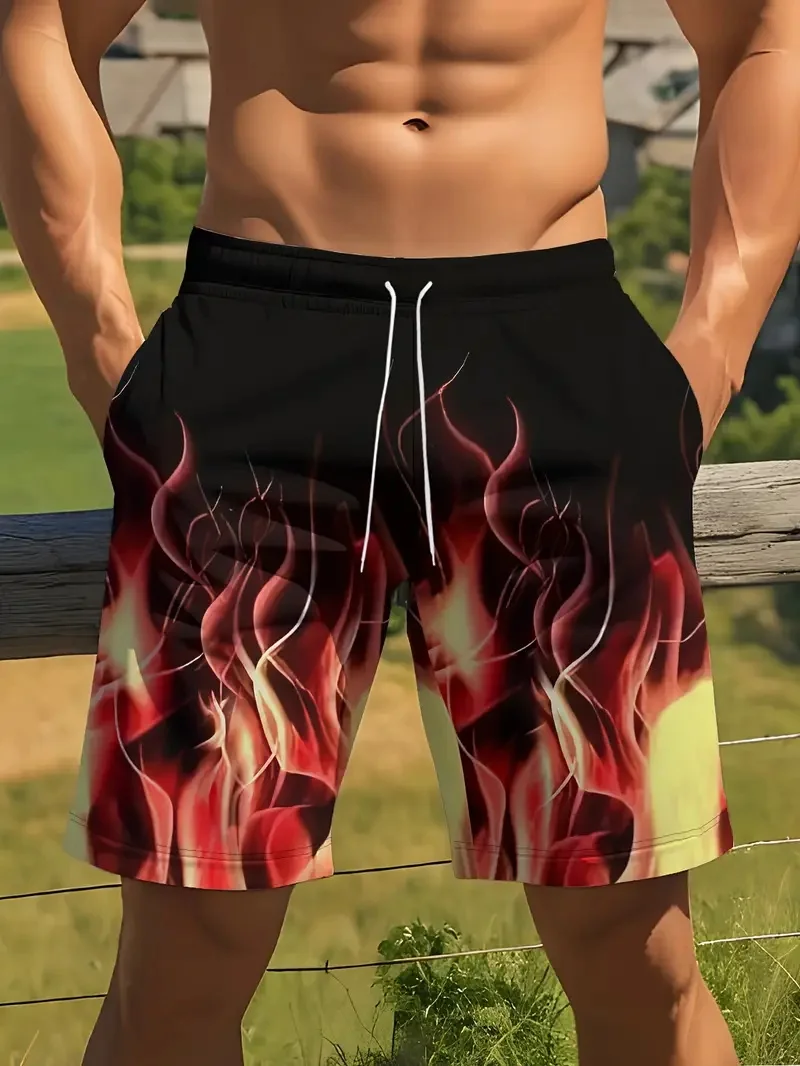 Pantalones cortos de playa con estampado de llamas vibrantes en 3D para hombre, pantalones cortos informales de talla grande de verano para hombre, pantalones cortos de estilo hawaiano, bañadores para hombre
