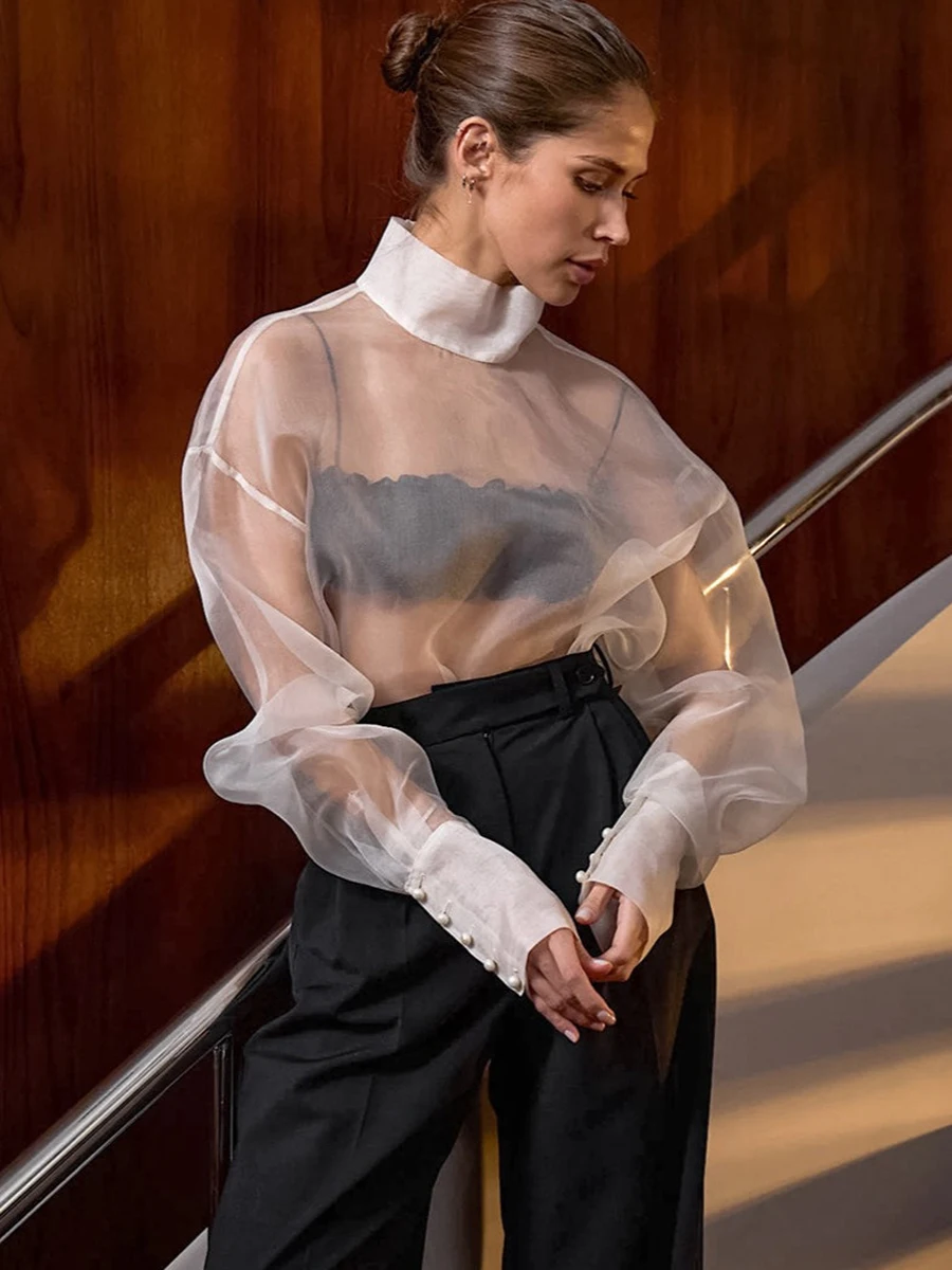 LIMO Women See Through Organza Turtleneck Top Puff Sleeve Pearl Button Cuff Sheer Mesh Layering Blouse