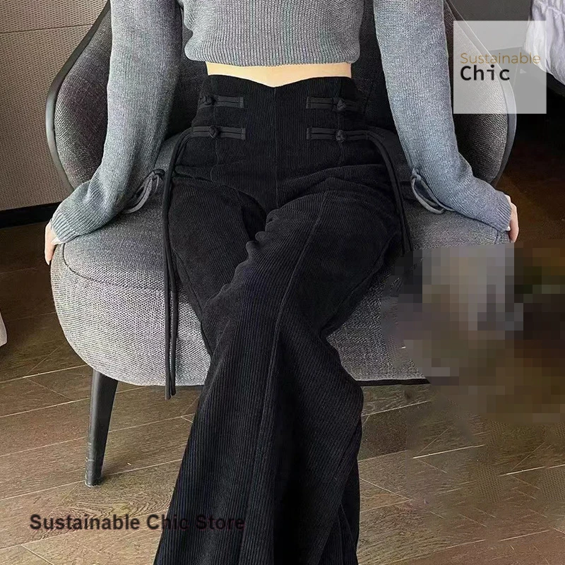 

Chinese style plus cashmere pants for women in autumn and winter with high waist and drooping chenille straight wide-leg pants.