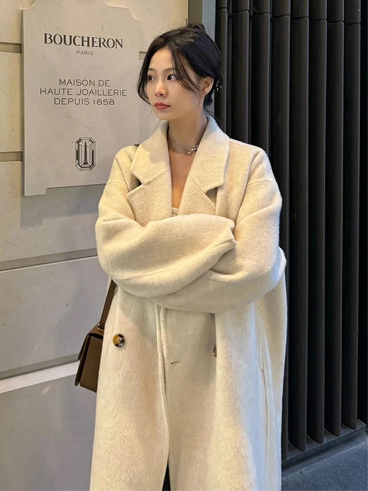 

Двустороннее шерстяное пальто Olive een для женщин, свободного кроя, средней длины, маленького размера, в корейском стиле, прямого силуэта, длинное