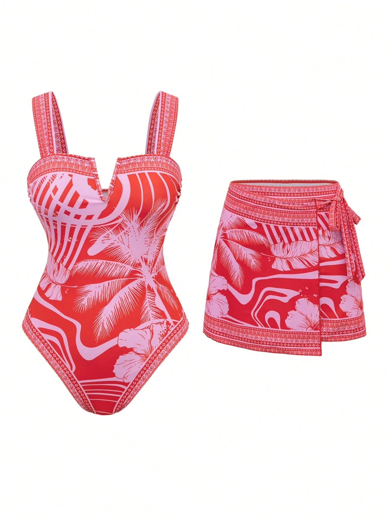 

Женский комплект из двух предметов: купальник с юбкой, с тропическим принтом, с высокой талией, пляжная одежда