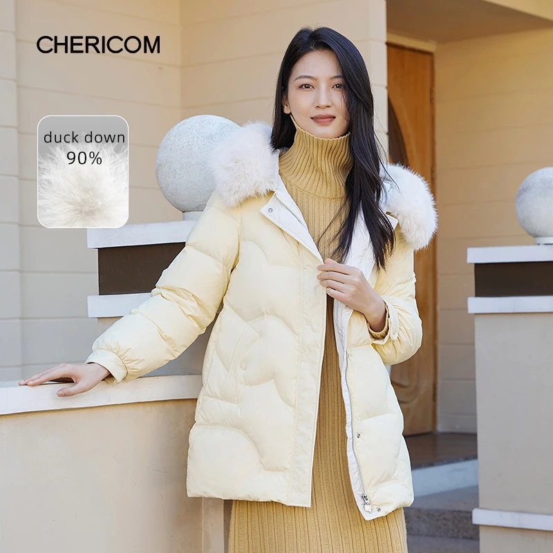 Chericom Medium Long Fur Collar Sweet Casual Thickened Down Jacket Winter Women's Fashion Comfortable Commuter Coats 289210