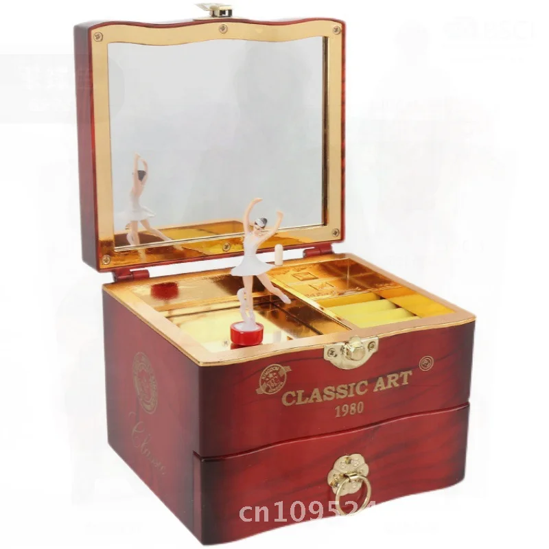 European-Style Nostalgic Rotating Girl Music Box with Mirror And Chain Jewelry Storage Gift Box Brown & White Modern Minimalist