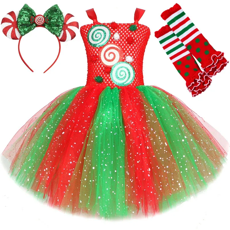 

Sparkly Red Green Candy Costumes for Girls Christmas Sequin Tutu Dress with Bow Kids Xmas Party Outfit Twinkle New Year Clothes