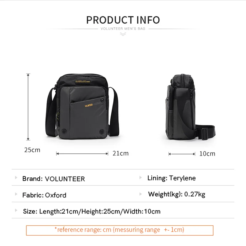 VOLUNTEER Shoulder Bag for Men New Light Weight Commuter Fashion Oxford Cloth Versatile Solid Phone Crossbody Bags Man 1698-08