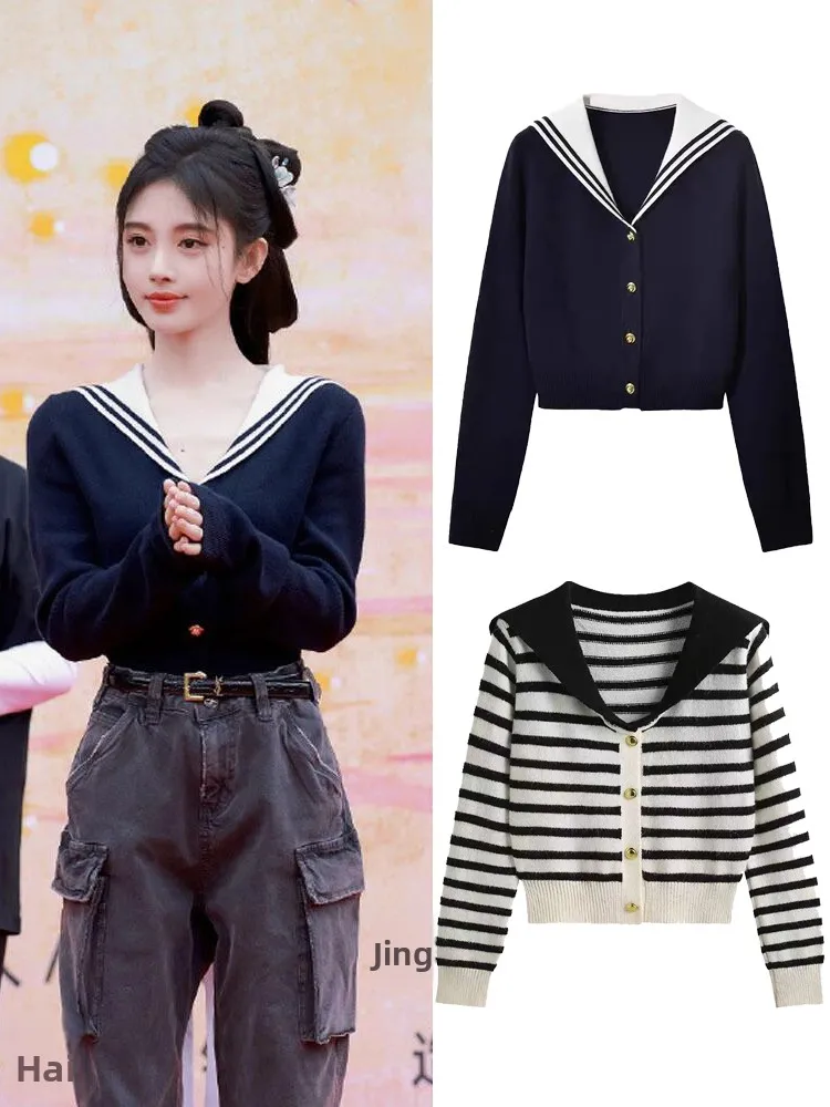 

Jennie Original Label Knitted Navy Collar Open Cardigan Women's Early Autumn New Style College Style Soft Long Sleeve Top