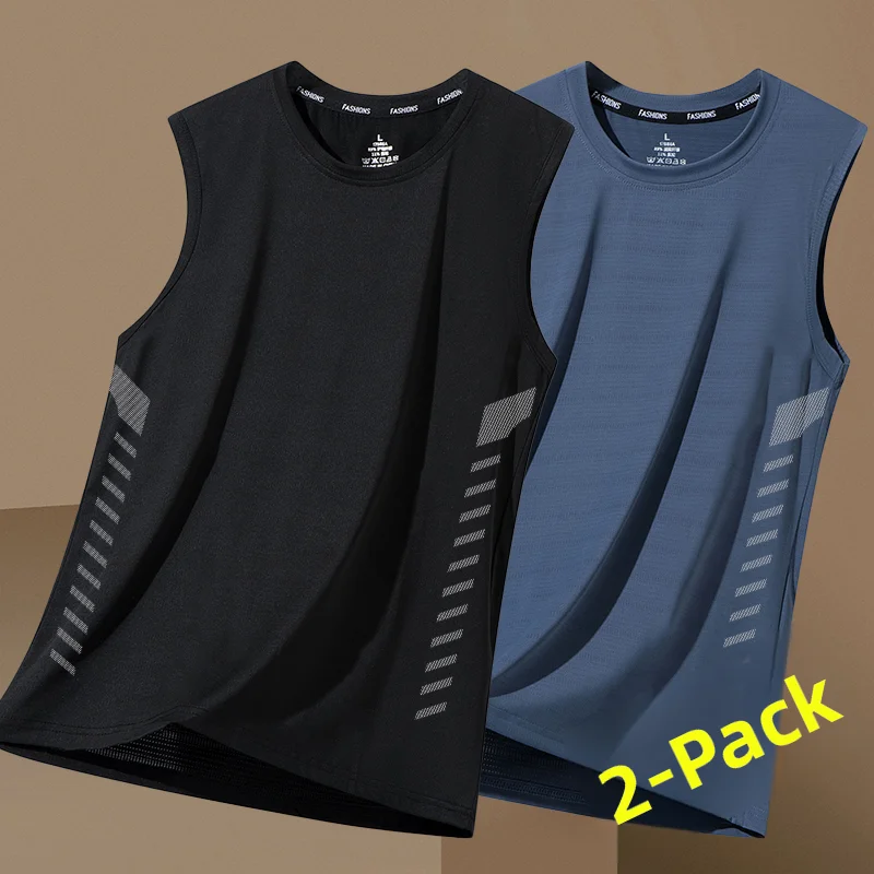 شحن سريع - سترة رجالية من الحرير الجليدي، تصميم عصري برقبة مستديرة، شبكة قابلة للتنفس، تجفيف سريع، بدون أكمام، كتف عريض، مثال...