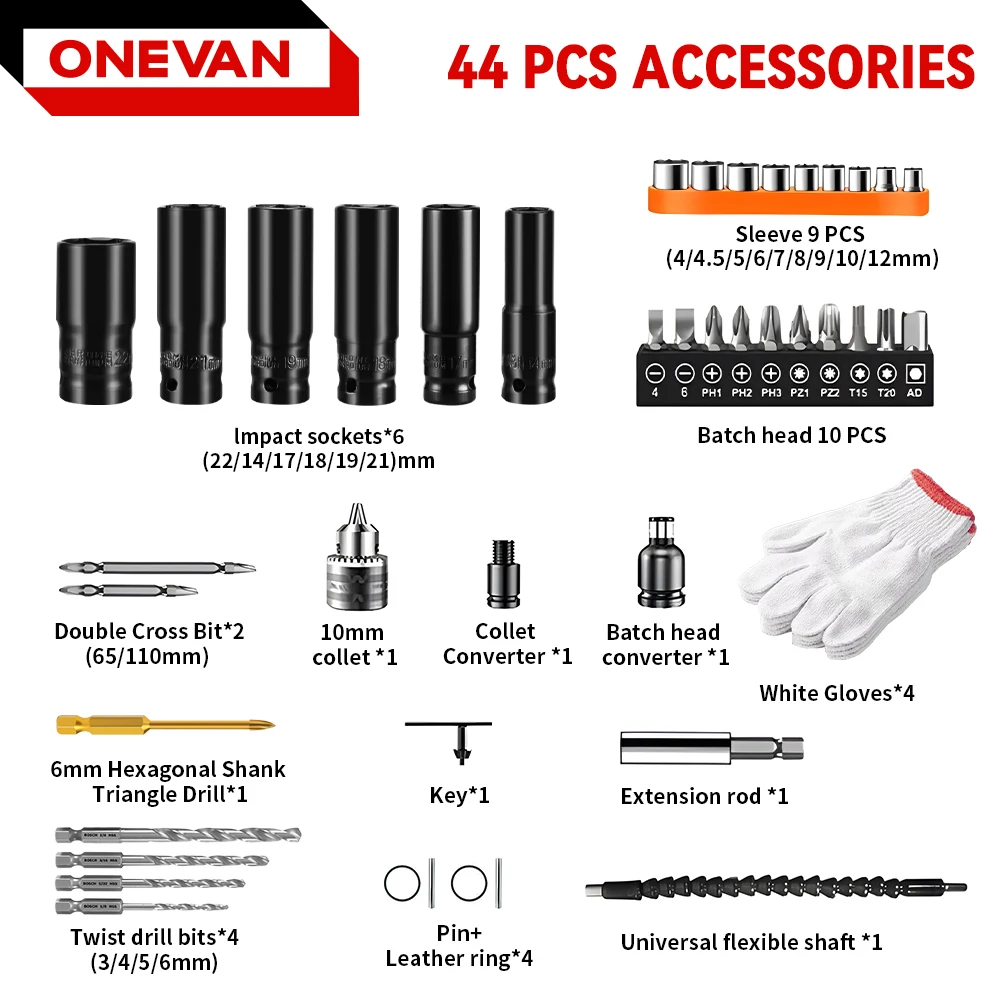 ONEVAN Brushless 520N.M Electric Impact Wrench Cordless Electric 1/2 inch Wrench Screwdriver Socket Set For Makita 18V Battery