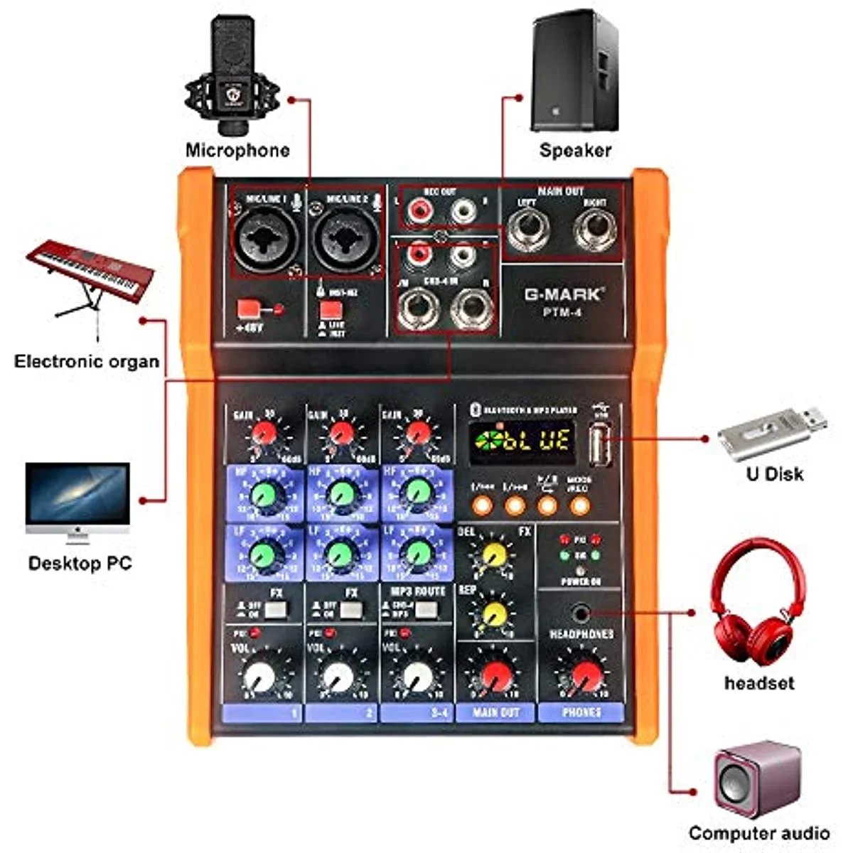 Mezclador de placa de sonido PTM-4 Bluetooth 48V consola mezcladora de energía fantasma interfaz USB para estudio grabación en vivo ordenador de fiesta