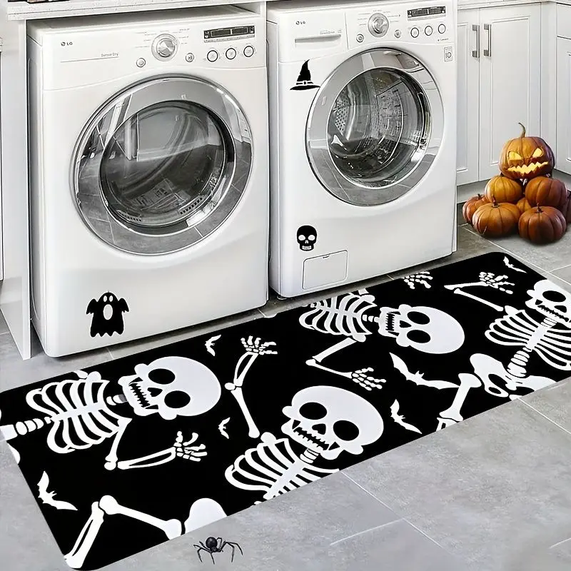 VIKAMA Halloween Skull Skeleton Runner Rug Bat Pattern Non Slip Long Floor Mat Entryway Hallway Party Spooky Home Decor