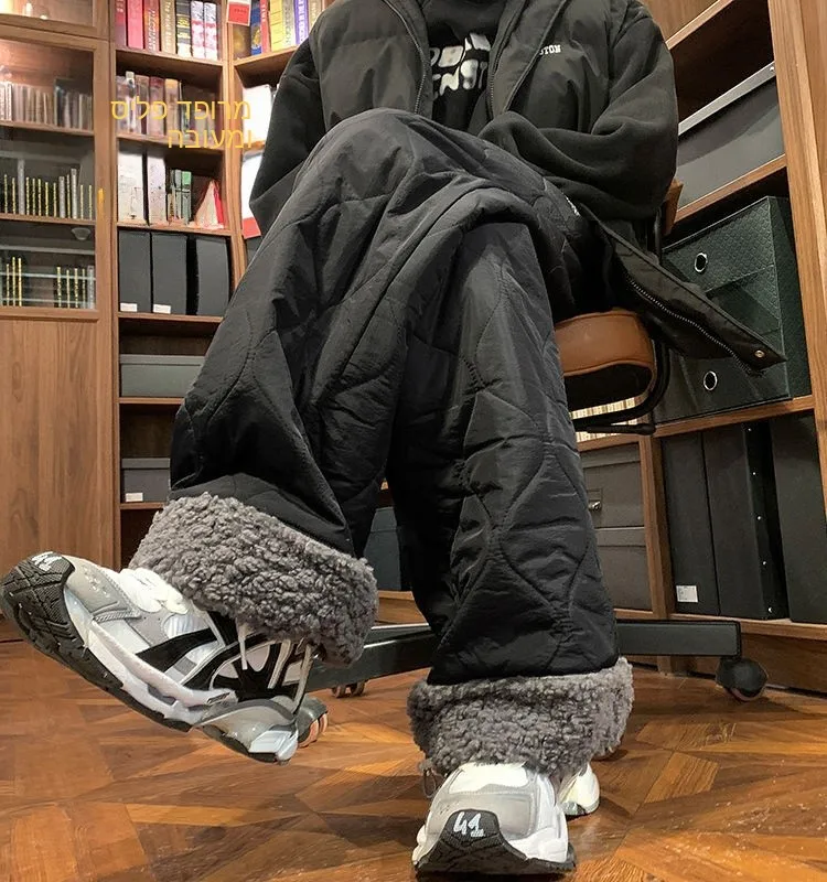 Thickened Fleece Winter Work Pants Men's Skiing Windproof Waterproof Diamond Pattern Cotton Trousers Youth Casual Long Pants