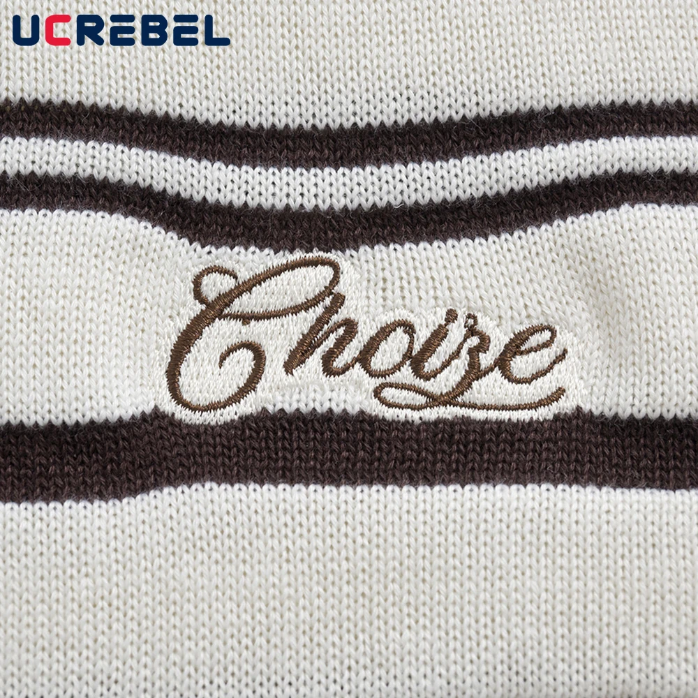 Striped Lapel Sweater Mens Letter Embroidery Retro Autumn Winter Streetwear Long Sleeve Loose Knitted Pullover Man