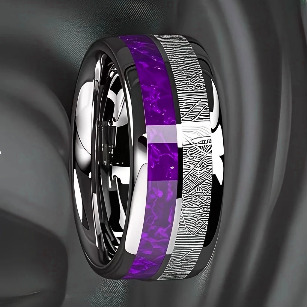 8mm Silver Color Meteorite & Purple Opal Inlay Rings Fashion Men Stainless Steel Ring for Men Women Wedding Party Jewelry