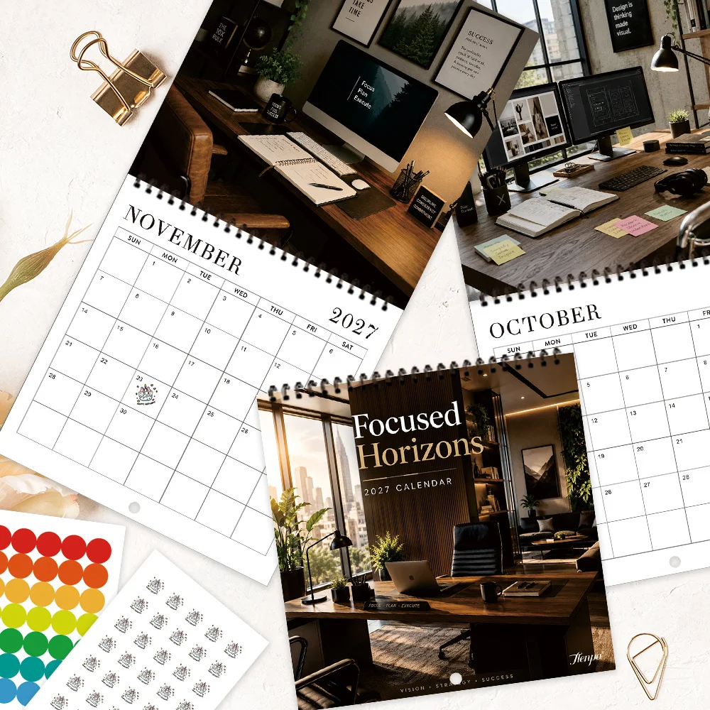1pc 2027 Business Office Wall Calendar,12‑Month Planner,Gift For Back‑to‑School,Christmas,New Year,Free Stickers Included