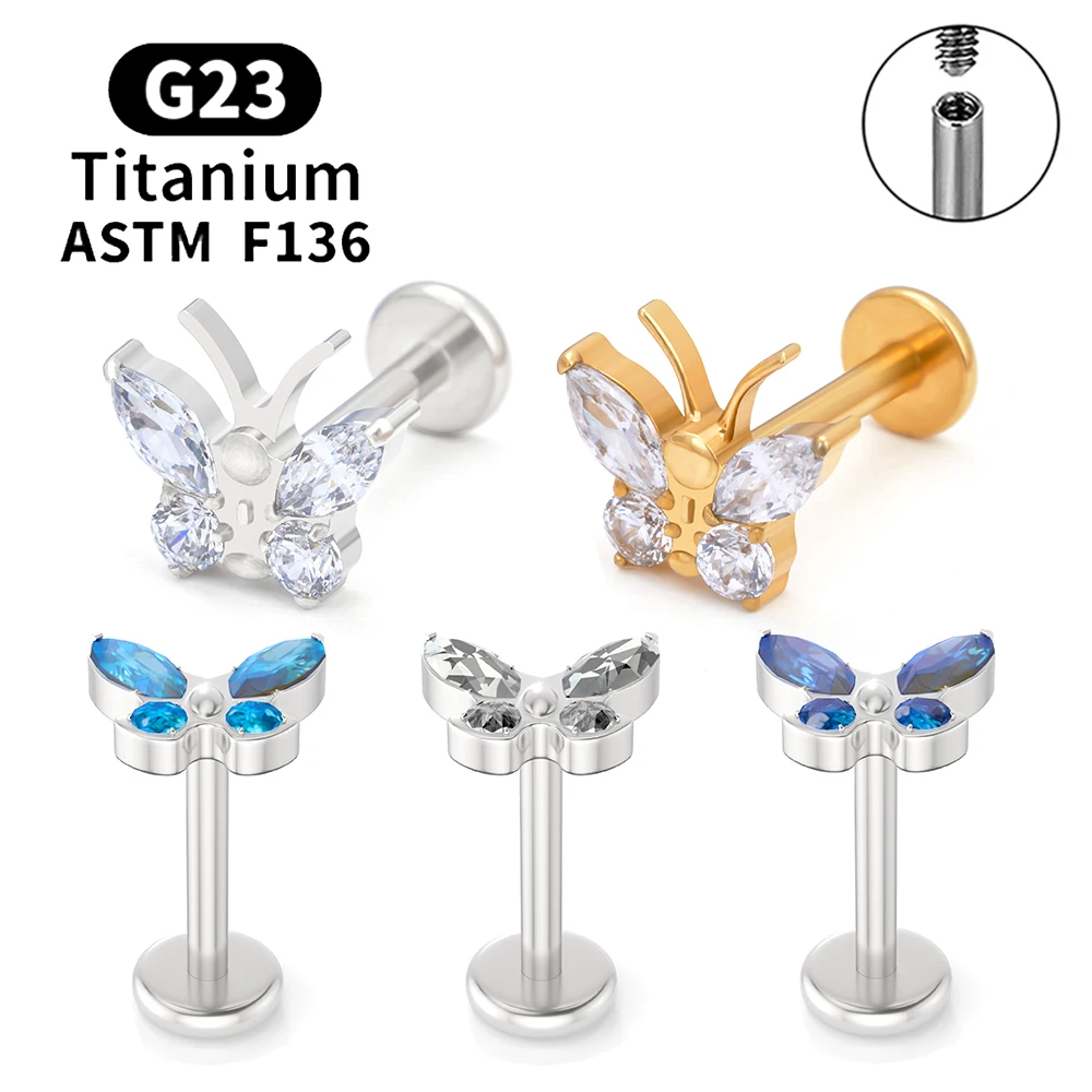 G23 titanio ASTM F136 Piercing orecchini a bottone moda farfalla zircone 16G orecchio Tragus cartilagine lobo Helix Daith gioielli da donna