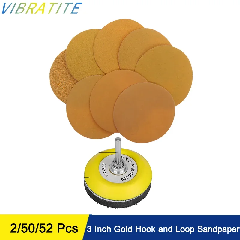 

2/50/52 Pcs 3 Inch Gold Hook and Loop Sandpaper Assorted 40-1000 Grits with Buffing Pad Sanding Plate for Polishing Metal Car