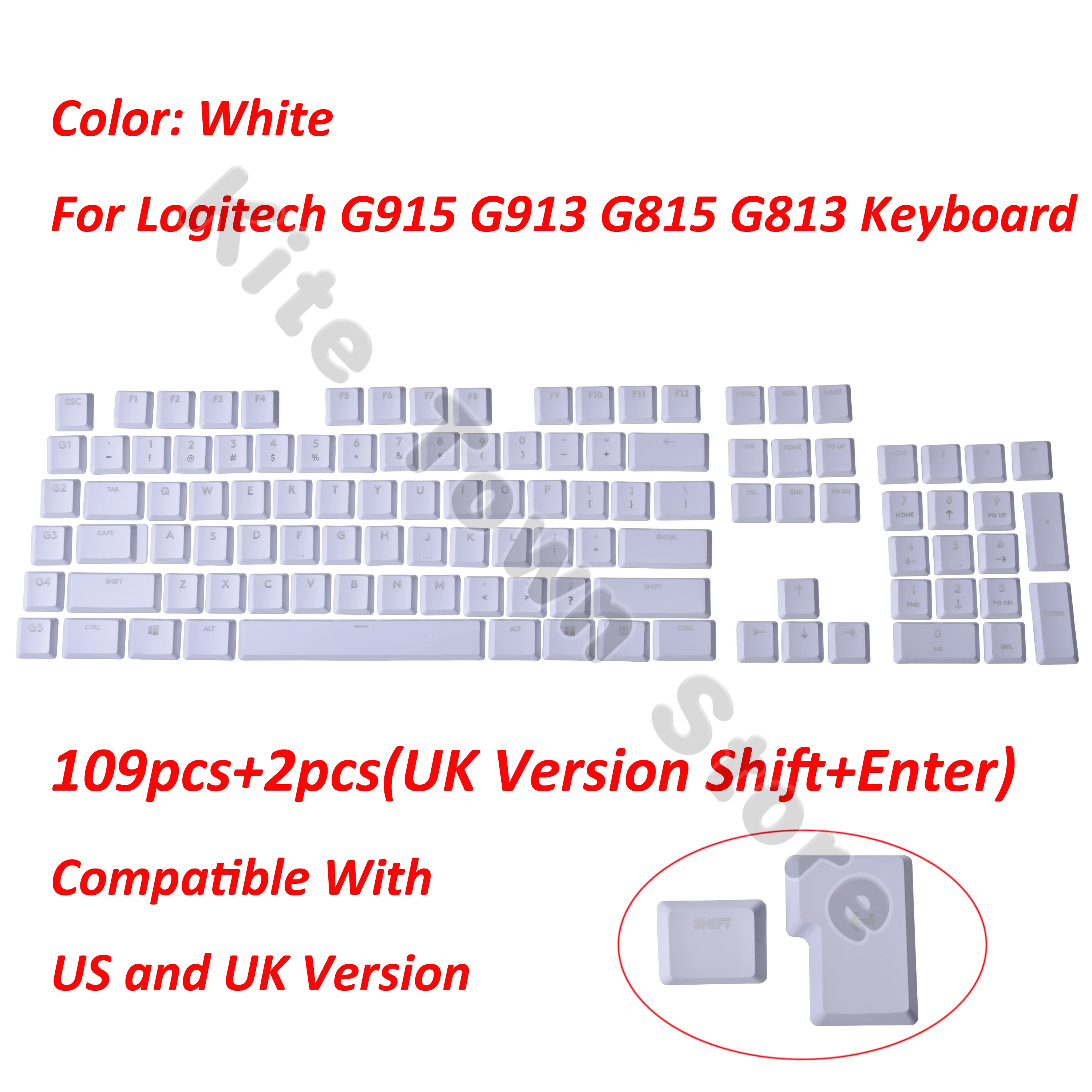 A full set G915 109pcs + 2pcs Key Caps for Logitech G813 G913 G815 G915 Wireless Keyboard US / UK Version White Color