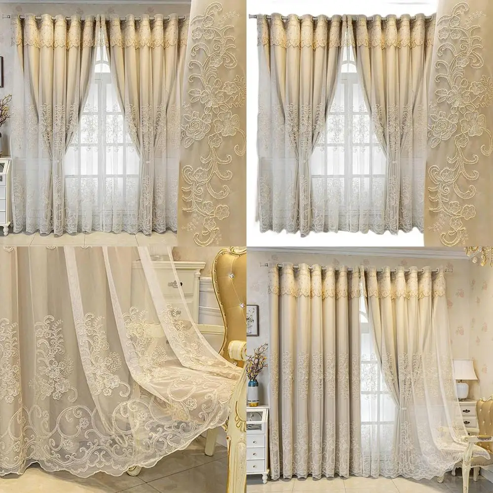 

Luxury 3D Embroidered European Double Layer Curtains with Valances for Living Room, Beige, 63x90 Inches