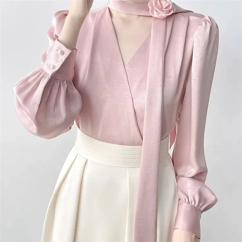 Rose Chest Flower Ribbon Shirt For Women In Autumn 2024 New Professional Commuting French Style V-neck Long Sleeved Top