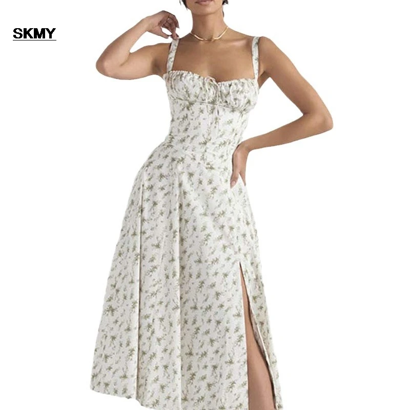 SKMY-vestido Floral elegante para mujer, ropa Sexy de manga corta, Color sólido, con abertura y tirantes, para vacaciones