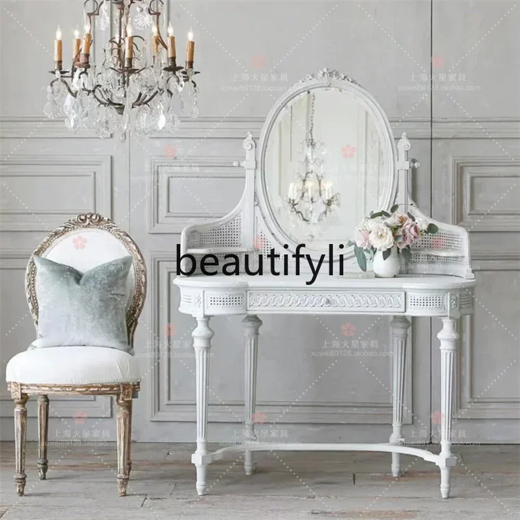 

ssK178 ss25 French retro old white mirror dresser makeup table rattan art solid wood