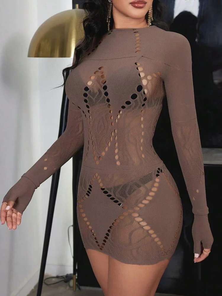 

High Stretch Pajamas Brown Sexy Underwear Dress Long Sleeves Bodystockings Skirt Mini Fishnet Lingerie Mesh Babydoll Sleepwears