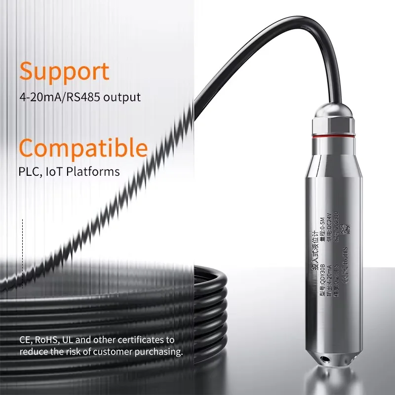 0-1M IP68 Water Level Transducer 4-20mA 0-10V RS485 Liquid Level Sensor for Sewage Deep Well