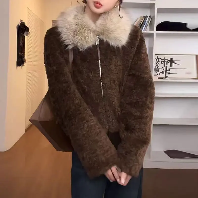 Women Vintage Furry Cropped Jackets Faux Fur Collar Zip Up Short Teddy Coats Winter Basic Warm Fashion Fluffy Casual Outerwear