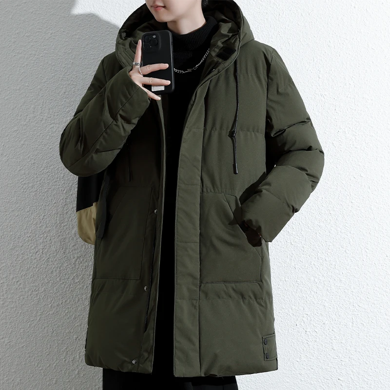 

Зимние мужские парки средней длины с капюшоном, мужская хлопковая стеганая куртка, мужское свободное повседневное теплое пальто, мужская черная, серая парка