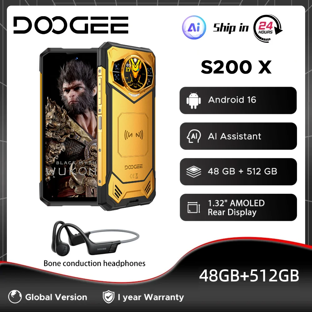 DOOGEE S200 X 5G Rugged Phone Android 16 48GB+512GB 6.72” FHD+120Hz Dimensity 7050 10100mAh 100MP Camera AI Assistant NFC