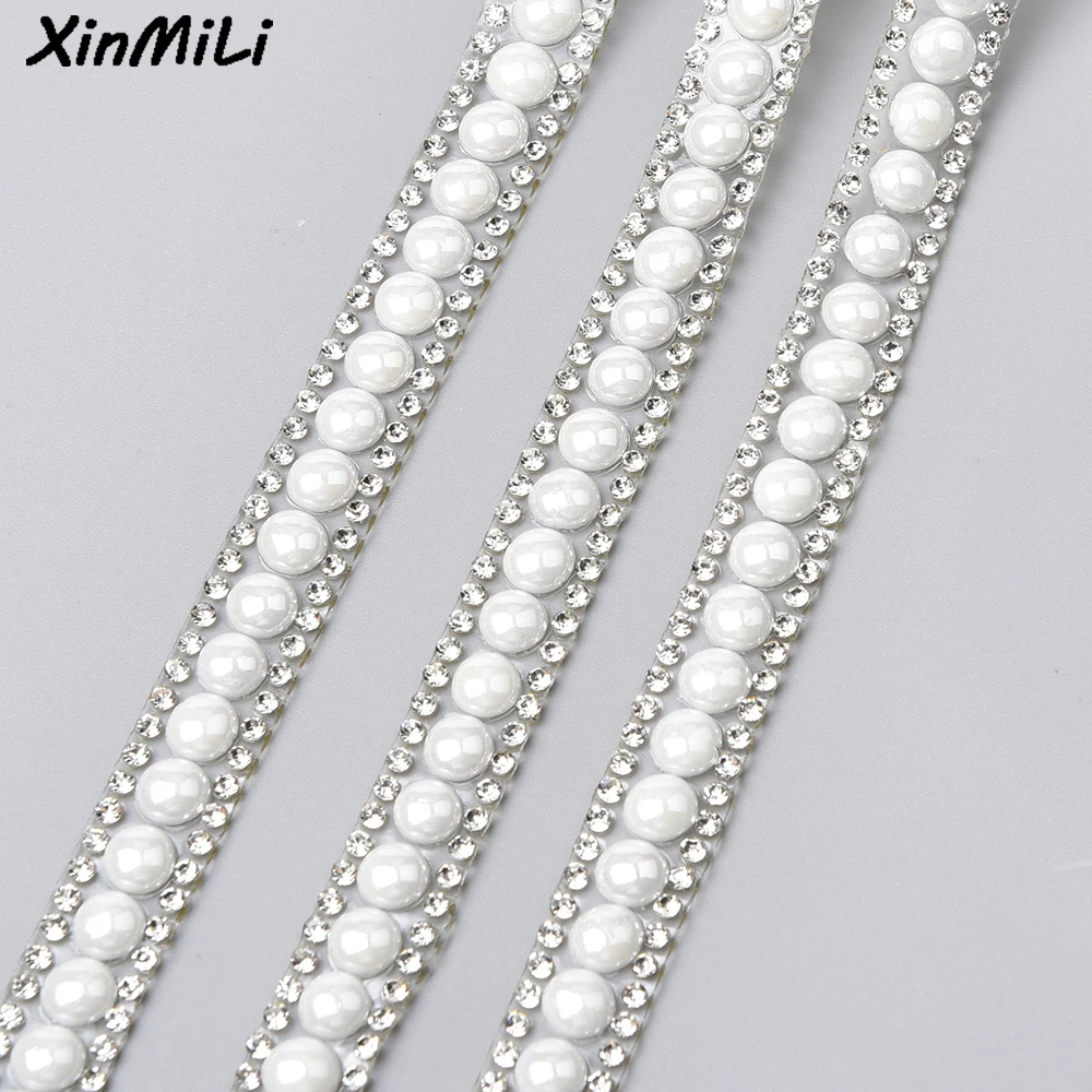 3/5 yards 1 cm breed witte zelfklevende strass parel sticker trim kristal lint strass applique diy kleding schoen accessoires