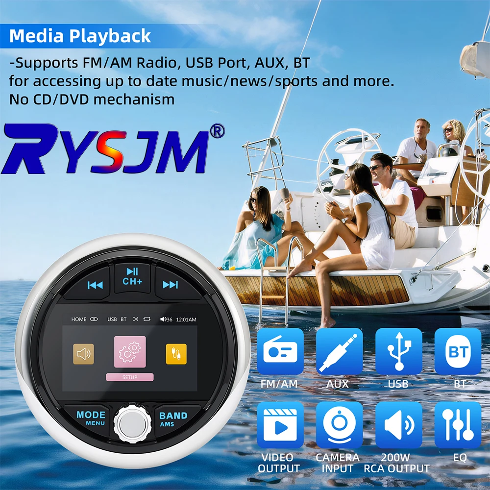 Marine Stereo Boat Radio IPX5 Waterproof Bluetooth-compatible FM AM Digital Media Player For Yacht Gauge ATV UTV Cart Motorcycle