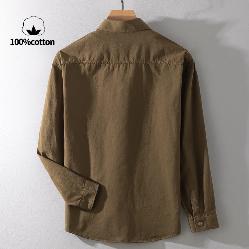 100% Cotton Solid Color Loose Multi-pocket Men's Casual Long-sleeved Shirt, Breathable Autumn Leisure Jacket, Sweat-absorbing.