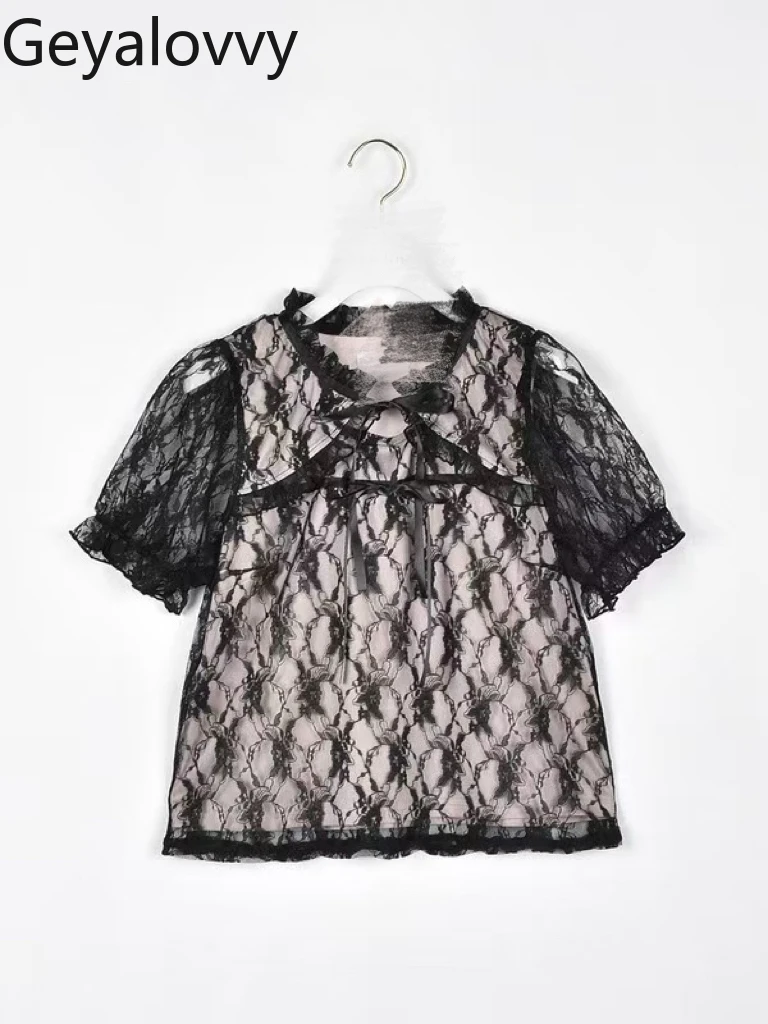 Ażurowe Koronkowe Uniwersalne Bluzki Letnie Nowe Japońskie Camisas Słodkie i Urocze Dziewczęce Bluzki Kokarda Sznurowane Koszulki z Krótkim Rękawem