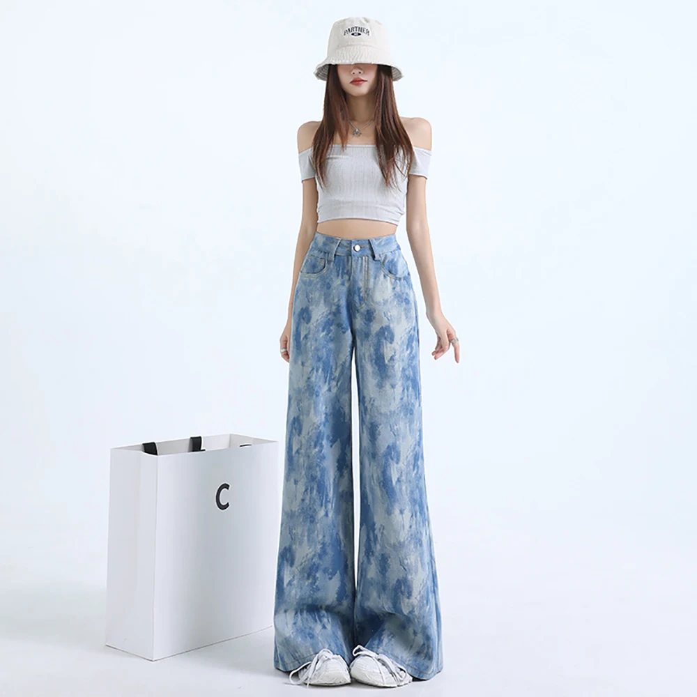 Fashion Light Blue Tie-Dye Print Jeans for Women Printed Glitter Wide Leg Flared Denim Pants High Waist Straight Loose Jeans