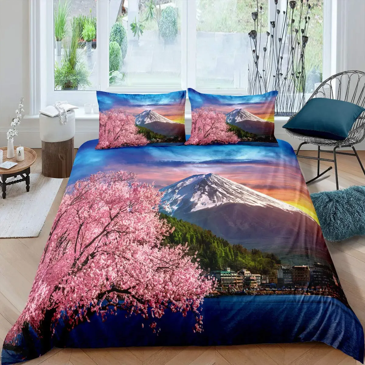 Japan Mount Fuji Duvet Cover Set Cherry Comforter Cover Retro Tower Bedding Set Japanese Ukiyo-E Bedspread Cover Full Queen Size