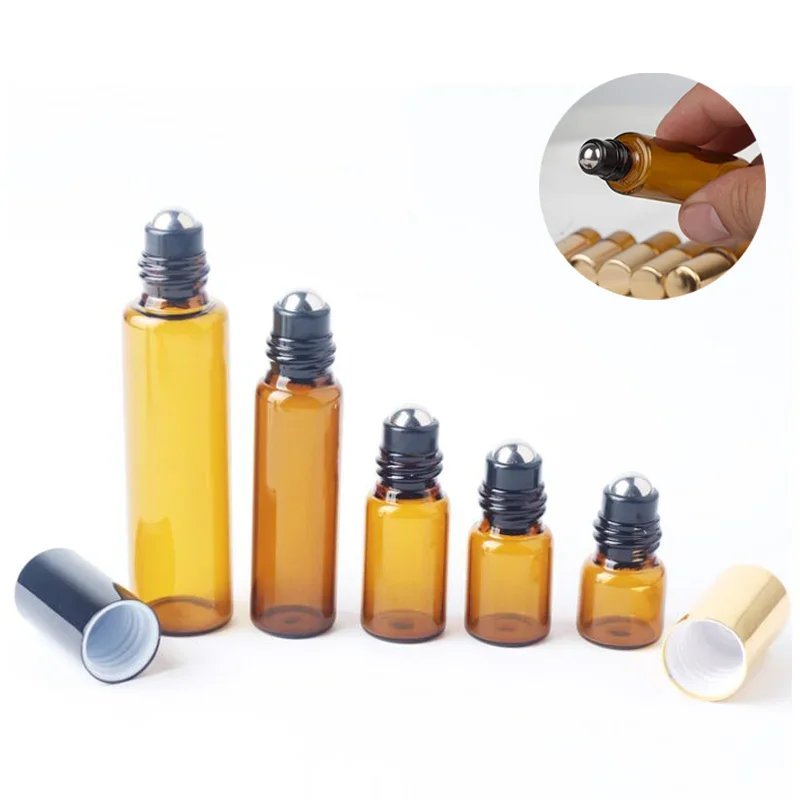 5pcs 1/2/3/5/10ml Amber Glass Steel Roller Balls Bottles Mini Roll on Essential Oil Refillable Containers Empty Parfum Bottles