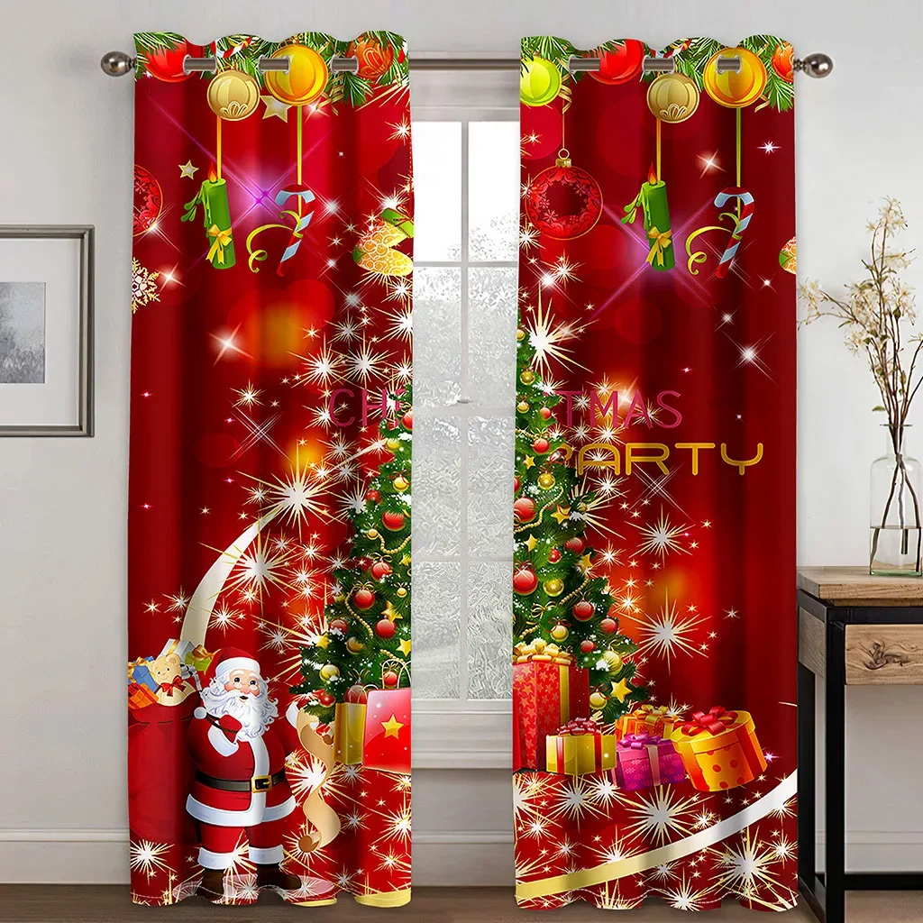 Happy New Year Drape Merry Chrismas Red Santa Claus Elk 2 Pieces Free Shipping Thin Window Curtain for Living Room Bedroom Decor