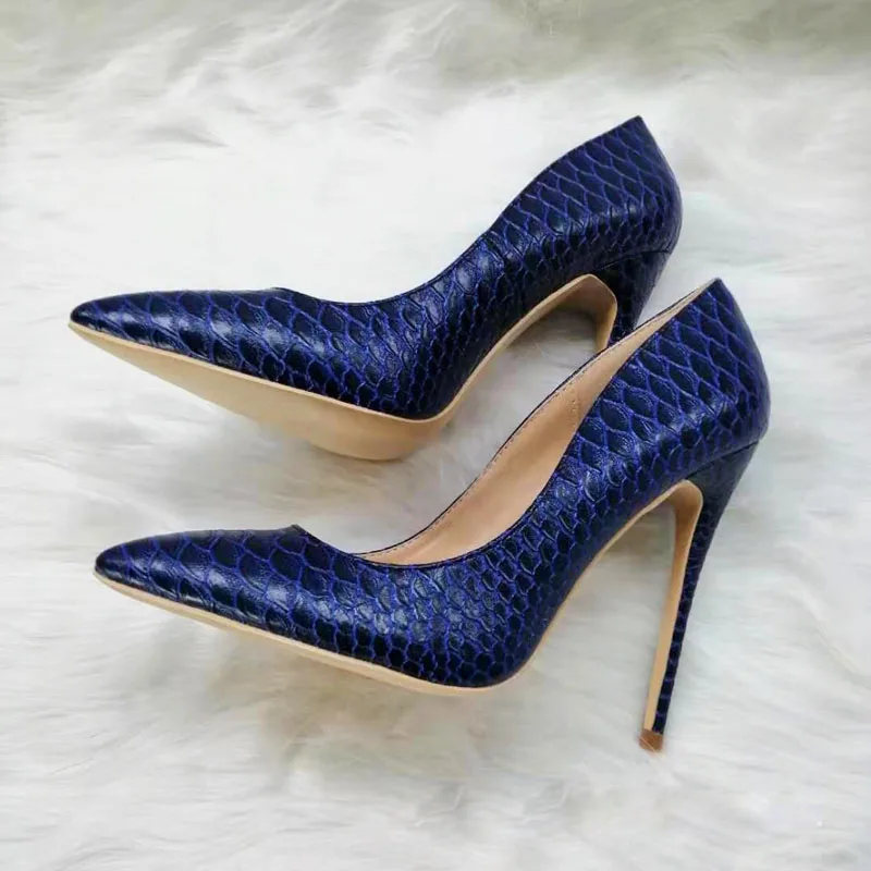 Blue White Scale snake Grain leather Pumps Wedding Shoes Pointed Toe 8/10/12cm High Heels Shallow Slip on Woman Banquet Shoes