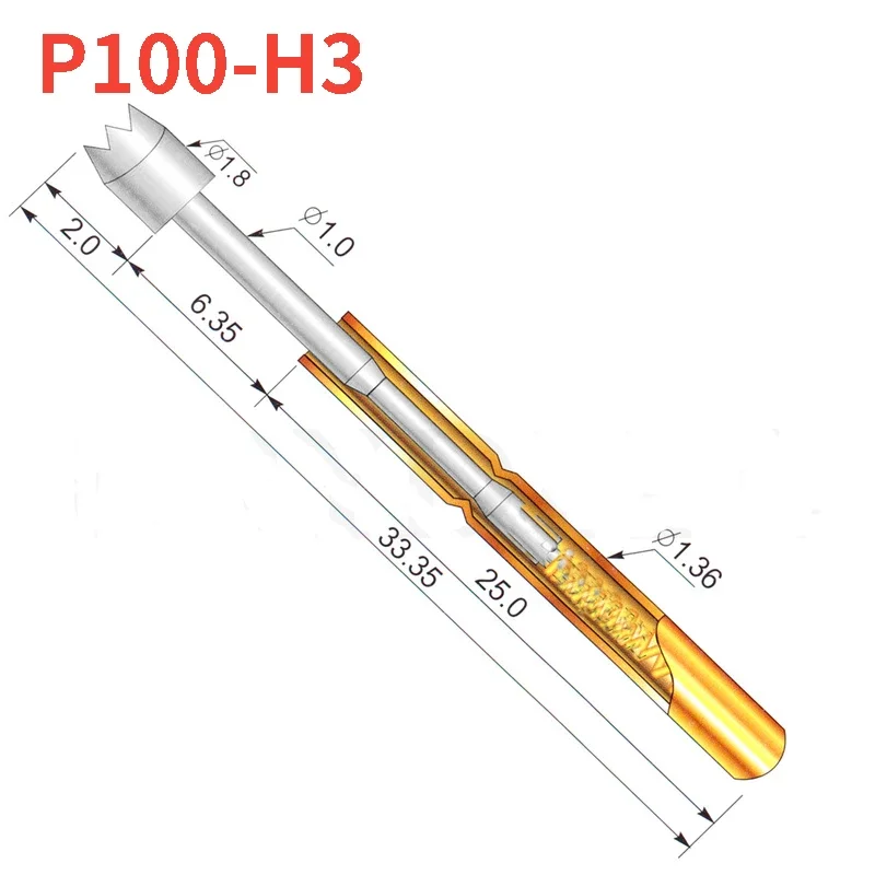 

100PCS P100-H3 Spring Test Pin 1.8mm Nine-jaw Plum Blossom Head Spring Pin for PCB Test